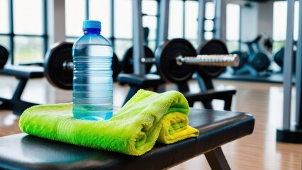 Hydration Essentials Close-Up of Water Bottle and Wet Towel in Gym Environment