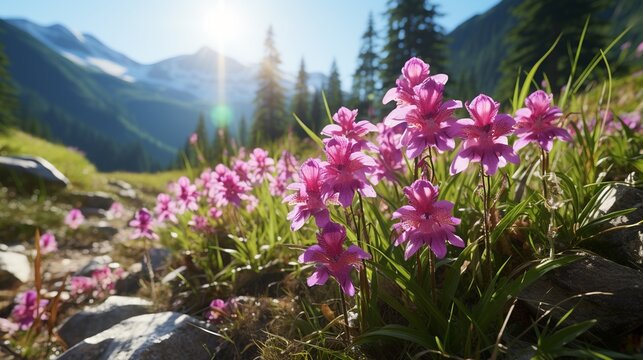 Portrait of beautiful orchid flowers in a mountain valley with sunny weather