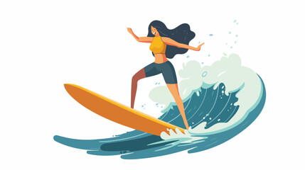 Woman surfer standing online board. Happy active girl online