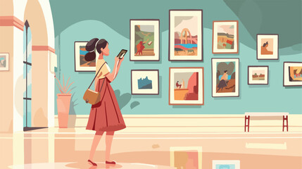 Woman visiting gallery flat vector illustration. Youn
