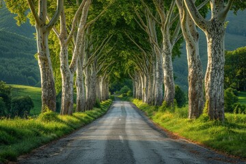 Poplar Tree Lined Road: Symmetrical rows of trees along a country road. 