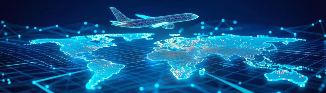 Low poly wireframe airplane flying across a world map composed of glowing blue dots and lines