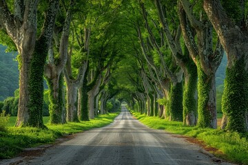 Naklejka premium Poplar Tree Lined Road: Symmetrical rows of trees along a country road. 