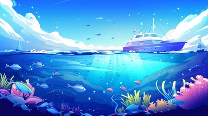 Underwater sea landscape with school of fish and boat. Modern cartoon illustration of bottom view to the surface of an ocean, lake, or river with a white ship.