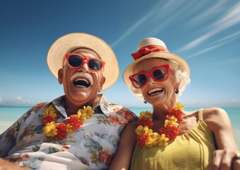 Happy elderly man and woman elderly retired couple vacationing at the sea. AI generated