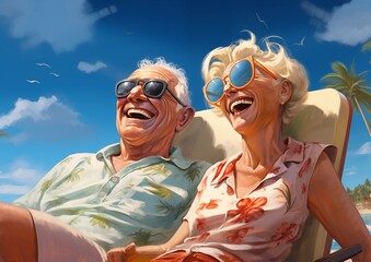 Happy elderly man and woman elderly retired couple vacationing at the sea. AI generated