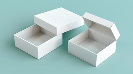 Two white open boxes on a pale blue background.

