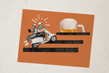 Composite photo collage of addicted guy ride vespa moped girl make online order beer glass alcohol...