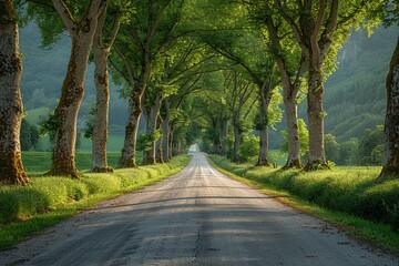 Obraz premium Poplar Tree Lined Road: Symmetrical rows of trees along a country road. 