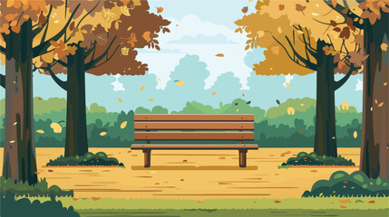 Wooden bench under the trees in the park. Flat style