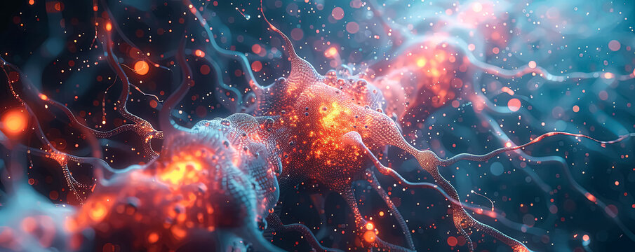 A close up of a brain with many neurons and a lot of red and orange. The image is abstract and has a futuristic feel to it