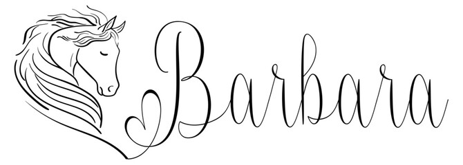 Barbara - black color - name written - vector graphics with stylized horse with heart - for websites, greetings, banners, cards,tag, t-shirt, sweatshirt, prints, cricut, silhouette,