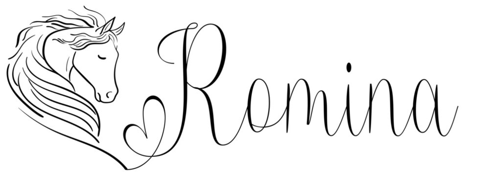 Romina - black color - name written - vector graphics with stylized horse with heart - for websites, greetings, banners, cards,tag, t-shirt, sweatshirt, prints, cricut, silhouette,