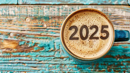 Hello 2025 theme white coffee cups with number 2025 over frothy surface