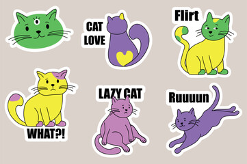 Set of stickers Abstract fantasy kitten in flat cartoon design. This illustration features various funny cats in an abstract style and bright colors. Vector illustration.
