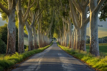 Poplar Tree Lined Road: Symmetrical rows of trees along a country road. 