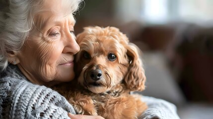 Home Comforts: Mature Woman Embracing Her Dog in a Cozy Atmosphere