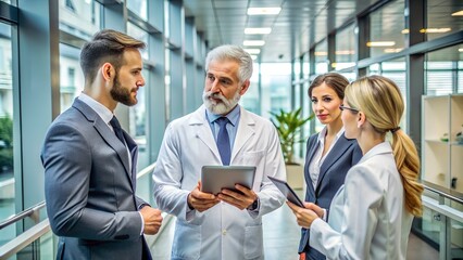 Pharma Rep Presents New Medication to Doctor in Modern Clinic