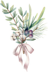 Watercolor Christmas bouquet of spruce branches, cotton plant, Pink ribbon bow tie. Hand painted holiday card isolated on white background. Winter holiday symbols. Wedding composition