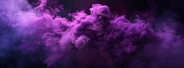 Fototapeta na wymiar purple smoke cloud on black background, banner design, dark background, cinematic lighting, volumetric light, photorealistic