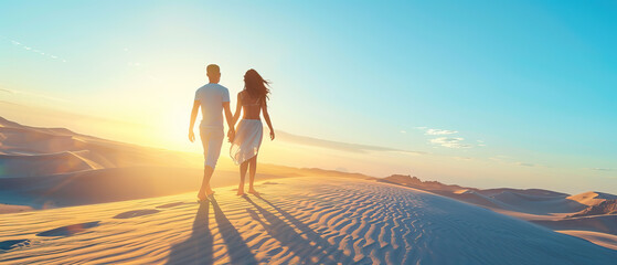 Texture, backdrop, background wallpaper of desert dune environment isolated. Couple holding hands walking in the dunes facing away from camera. Romance, wedding, honeymoon