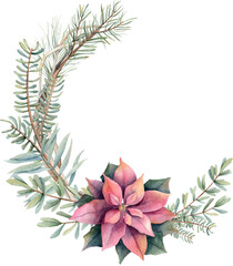 Watercolor Christmas twig wreath with Poinsettia flower and fir branches. Hand painted holiday card isolated on white background. Winter holiday symbols.