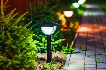 Garden solar light illuminating pathway at dusk