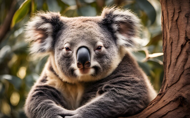 Sleepy koala in a eucalyptus tree