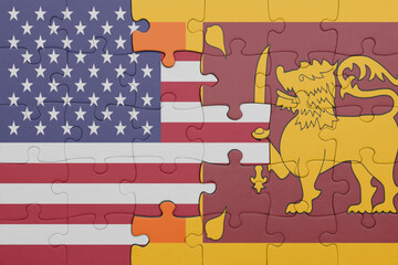 puzzle with the colourful national flag of sri lanka and flag of united states of america .