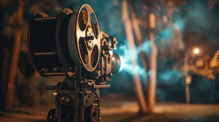 An old-fashioned movie projector is set up in a forest at night. The projector is illuminated by a single spotlight.