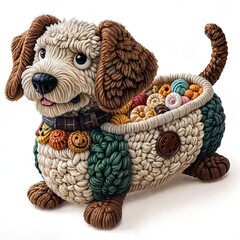 Obraz premium A Mischievous Yarn Masterpiece: Multicolored Crocheted Canine Holds Sweet Surprise&nbsp;
