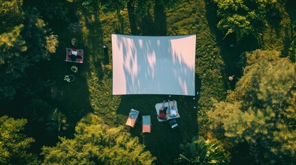 A group of people gathered in the forest around a large screen, surrounded by trees, shrubs, and...