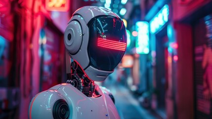 Cyberpunk robot with digital helmet in the middle of a neon cyber city alley. AI generated image