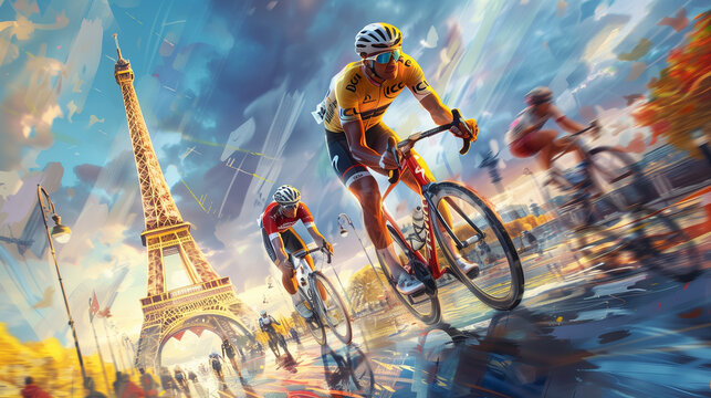 Cyclist racing with the Eiffel Tower in the background