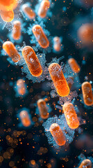 Fototapeta premium A close up of a bunch of orange bacteria. The bacteria are floating in a blue and black background