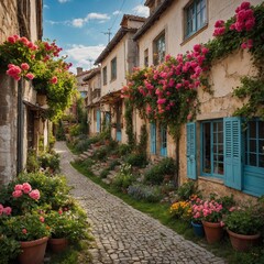 A picturesque street with charming houses and blooming gardens.