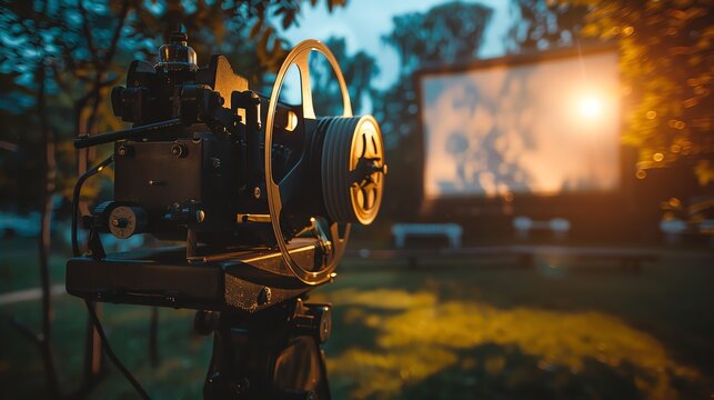 An old-fashioned movie projector is set up in a backyard at dusk. The projector is pointed at a large white screen.