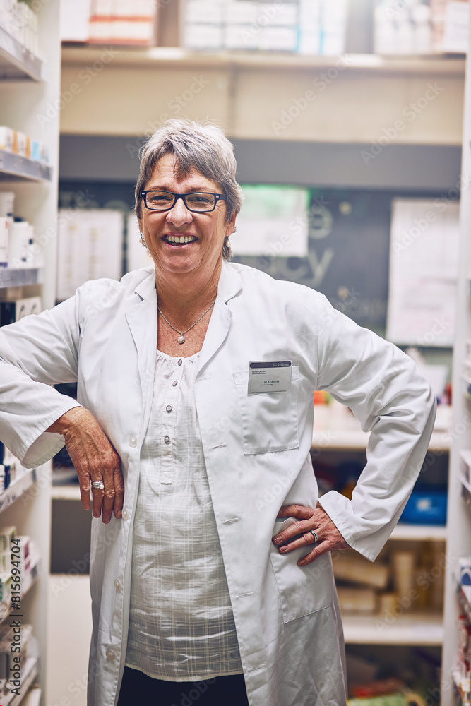 Poster Mature, pharmacist and portrait of woman in store with inventory of drugs, pills or medicine. Pharmacy, shop and sale of medical product with healthcare supplements, tablet or professional chemist