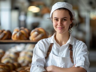A woman in a chef's hat stands in front of a table full of pastries
