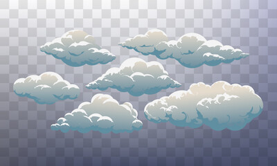 3D realistic clouds with light and shadow. A set of six cartoon clouds of different shapes is perfect for creating decorations, backgrounds, and landscapes. Isolated objects on a transparent backdrop
