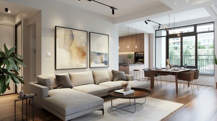 Open-plan living space with a large frame mockup on a feature wall, seamless integration with the dining area, and stylish, modern decor,