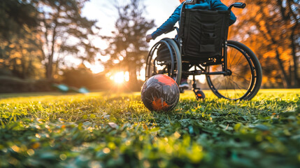 A boy in a wheelchair is smiling and holding a soccer ball. He is surrounded by other children playing soccer
