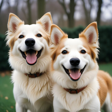 Szczęśliwe biszkoptowe psy rasy Golden Retriver oraz kundelki podczas spaceru na podwórku