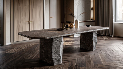 A dining table with a lava stone finish, surrounded by dark, rich wooden flooring and neutral walls