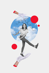 Collage image artwork of cheerful positive happy girl dance have fun isolated on drawing background