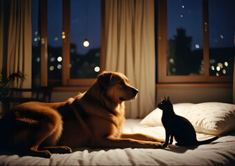 Pies i kot na łóżku z oknem w tle z widokiem na miasto. Letni wieczór z oświetleniem z lampy i...