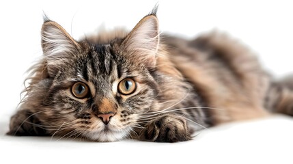 Obraz premium Closeup Portrait of Fluffy Tabby Cat Resting on White Background