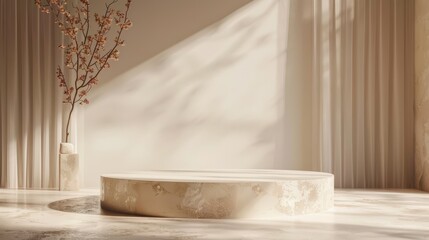Luxury cream-colored podium in a 3D render with soft pastel background, suitable for displaying premium products,