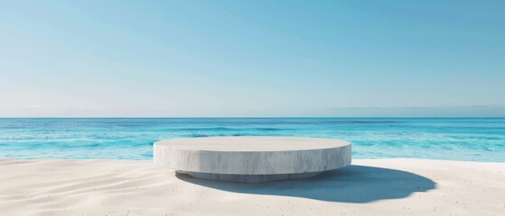 Minimalist beach pedestal on sandy island platform for product presentation, blue sea horizon,