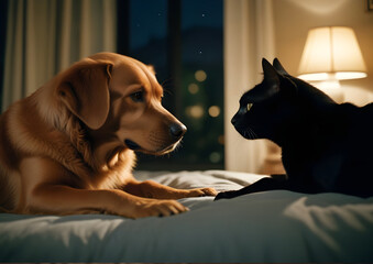 Pies i kot na łóżku z oknem w tle z widokiem na miasto. Letni wieczór z oświetleniem z lampy i lamp zewnątrz